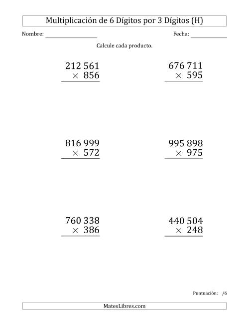 La hoja de ejercicios de Multiplicar Números de 6 Dígitos por 3 Dígitos (Formato Grande) Usando Espacios como Separadores de Millares (H)