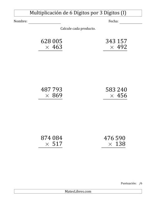 La hoja de ejercicios de Multiplicar Números de 6 Dígitos por 3 Dígitos (Formato Grande) Usando Espacios como Separadores de Millares (I)