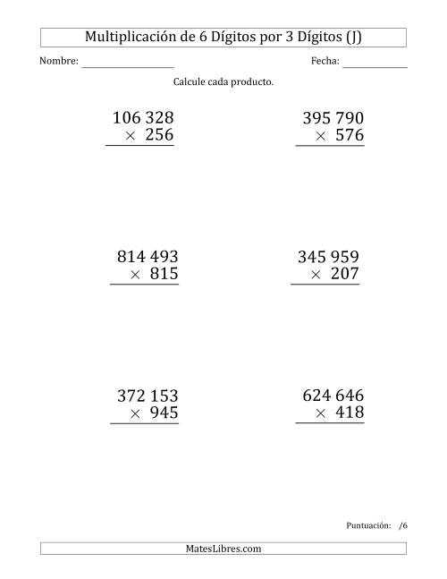 La hoja de ejercicios de Multiplicar Números de 6 Dígitos por 3 Dígitos (Formato Grande) Usando Espacios como Separadores de Millares (J)
