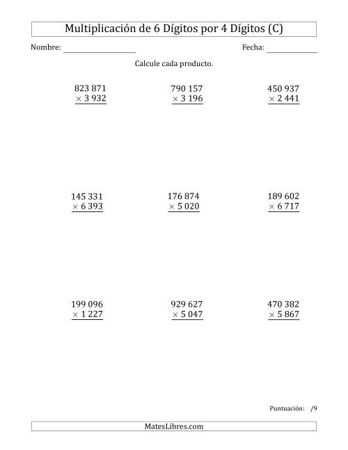 La hoja de ejercicios de Multiplicar Números de 6 Dígitos por 4 Dígitos Usando Espacios como Separadores de Millares (C)