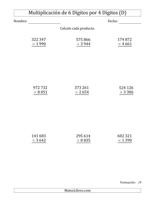La hoja de ejercicios de Multiplicar Números de 6 Dígitos por 4 Dígitos Usando Espacios como Separadores de Millares (D)