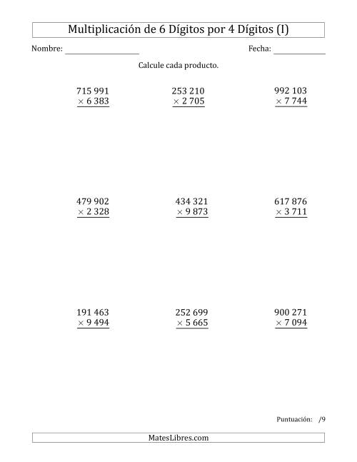 La hoja de ejercicios de Multiplicar Números de 6 Dígitos por 4 Dígitos Usando Espacios como Separadores de Millares (I)