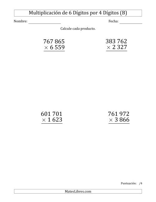 La hoja de ejercicios de Multiplicar Números de 6 Dígitos por 4 Dígitos (Formato Grande) Usando Espacios como Separadores de Millares (B)