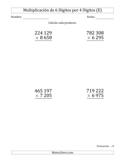 La hoja de ejercicios de Multiplicar Números de 6 Dígitos por 4 Dígitos (Formato Grande) Usando Espacios como Separadores de Millares (E)