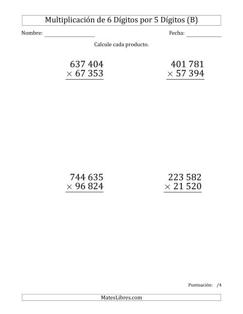 La hoja de ejercicios de Multiplicar Números de 6 Dígitos por 5 Dígitos (Formato Grande) Usando Espacios como Separadores de Millares (B)