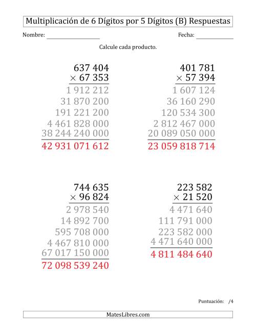 La hoja de ejercicios de Multiplicar Números de 6 Dígitos por 5 Dígitos (Formato Grande) Usando Espacios como Separadores de Millares (B) Página 2