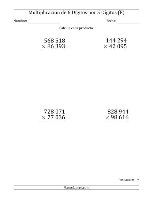 La hoja de ejercicios de Multiplicar Números de 6 Dígitos por 5 Dígitos (Formato Grande) Usando Espacios como Separadores de Millares (F)