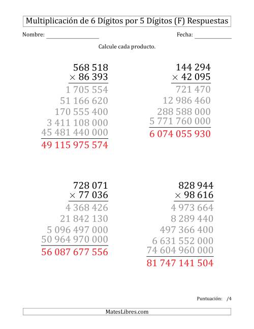 La hoja de ejercicios de Multiplicar Números de 6 Dígitos por 5 Dígitos (Formato Grande) Usando Espacios como Separadores de Millares (F) Página 2