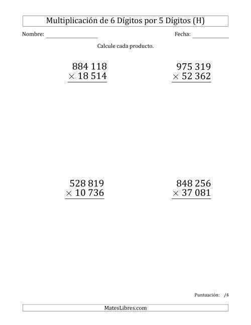 La hoja de ejercicios de Multiplicar Números de 6 Dígitos por 5 Dígitos (Formato Grande) Usando Espacios como Separadores de Millares (H)
