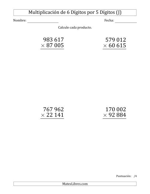 La hoja de ejercicios de Multiplicar Números de 6 Dígitos por 5 Dígitos (Formato Grande) Usando Espacios como Separadores de Millares (J)