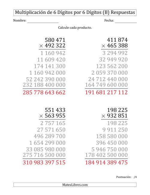 La hoja de ejercicios de Multiplicar Números de 6 Dígitos por 6 Dígitos (Formato Grande) Usando Espacios como Separadores de Millares (B) Página 2