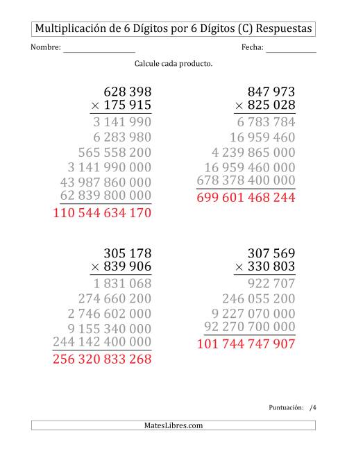 La hoja de ejercicios de Multiplicar Números de 6 Dígitos por 6 Dígitos (Formato Grande) Usando Espacios como Separadores de Millares (C) Página 2