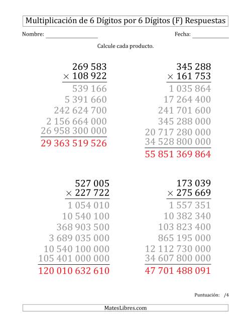 La hoja de ejercicios de Multiplicar Números de 6 Dígitos por 6 Dígitos (Formato Grande) Usando Espacios como Separadores de Millares (F) Página 2