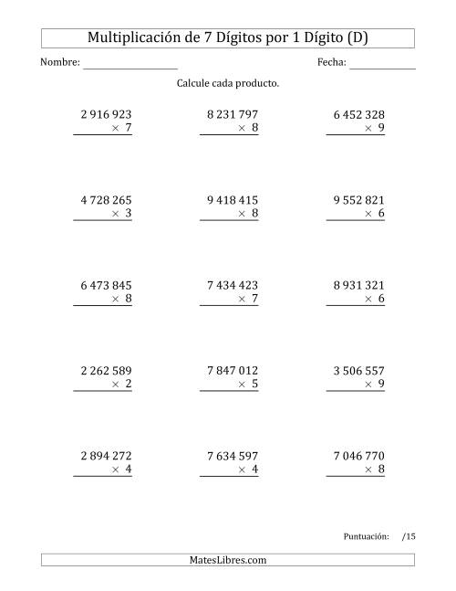 La hoja de ejercicios de Multiplicar Números de 7 Dígitos por 1 Dígito Usando Espacios como Separadores de Millares (D)
