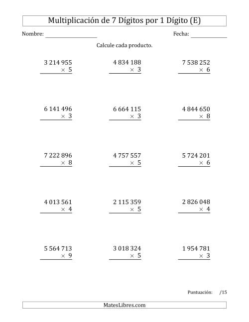 La hoja de ejercicios de Multiplicar Números de 7 Dígitos por 1 Dígito Usando Espacios como Separadores de Millares (E)