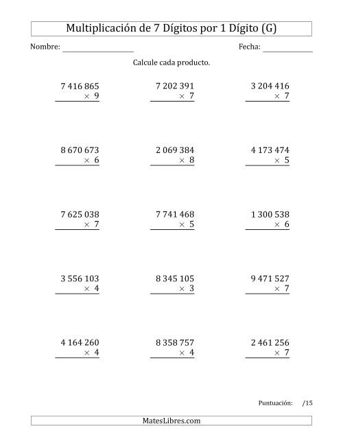 La hoja de ejercicios de Multiplicar Números de 7 Dígitos por 1 Dígito Usando Espacios como Separadores de Millares (G)