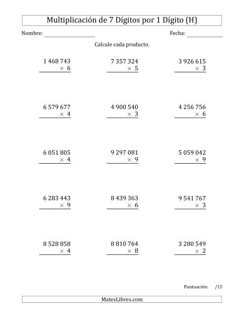 La hoja de ejercicios de Multiplicar Números de 7 Dígitos por 1 Dígito Usando Espacios como Separadores de Millares (H)