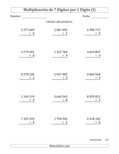 La hoja de ejercicios de Multiplicar Números de 7 Dígitos por 1 Dígito Usando Espacios como Separadores de Millares (I)