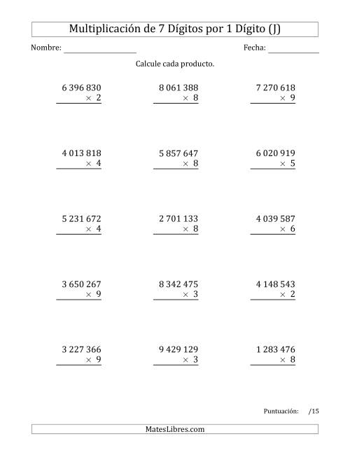 La hoja de ejercicios de Multiplicar Números de 7 Dígitos por 1 Dígito Usando Espacios como Separadores de Millares (J)