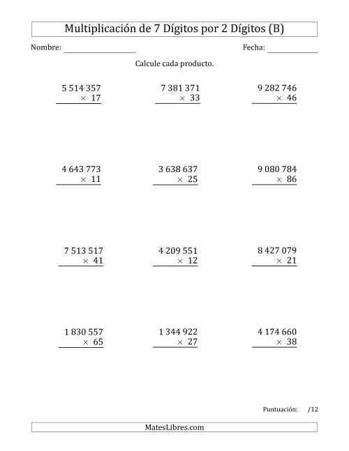 La hoja de ejercicios de Multiplicar Números de 7 Dígitos por 2 Dígitos Usando Espacios como Separadores de Millares (B)