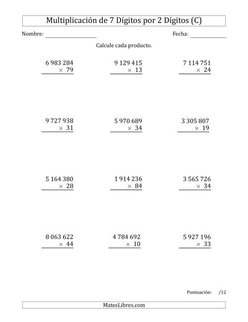 La hoja de ejercicios de Multiplicar Números de 7 Dígitos por 2 Dígitos Usando Espacios como Separadores de Millares (C)