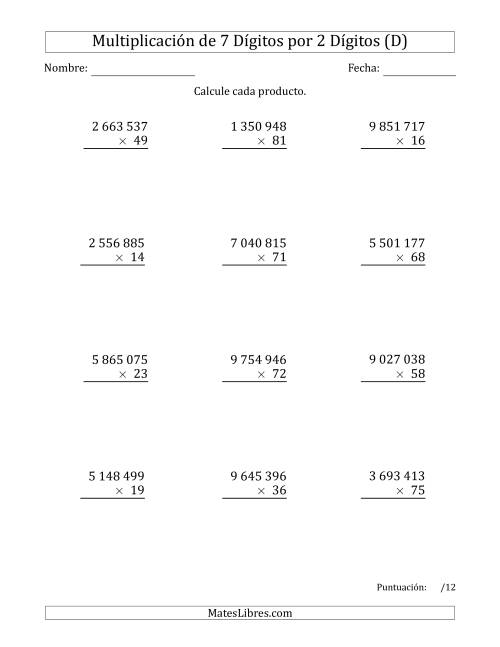 La hoja de ejercicios de Multiplicar Números de 7 Dígitos por 2 Dígitos Usando Espacios como Separadores de Millares (D)
