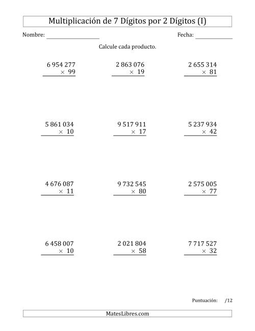 La hoja de ejercicios de Multiplicar Números de 7 Dígitos por 2 Dígitos Usando Espacios como Separadores de Millares (I)
