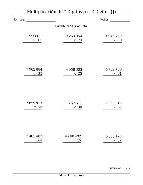 La hoja de ejercicios de Multiplicar Números de 7 Dígitos por 2 Dígitos Usando Espacios como Separadores de Millares (J)