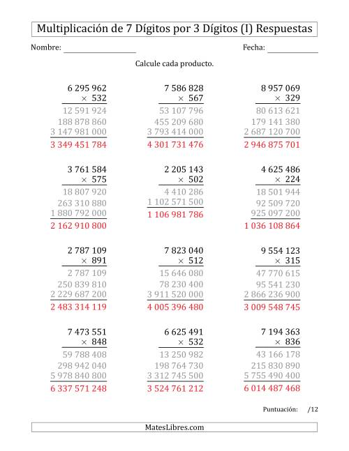 La hoja de ejercicios de Multiplicar Números de 7 Dígitos por 3 Dígitos Usando Espacios como Separadores de Millares (I) Página 2