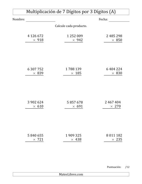 La hoja de ejercicios de Multiplicar Números de 7 Dígitos por 3 Dígitos Usando Espacios como Separadores de Millares (Todas)