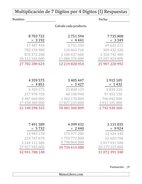 La hoja de ejercicios de Multiplicar Números de 7 Dígitos por 4 Dígitos Usando Espacios como Separadores de Millares (I) Página 2