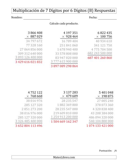 La hoja de ejercicios de Multiplicar Números de 7 Dígitos por 6 Dígitos Usando Espacios como Separadores de Millares (B) Página 2