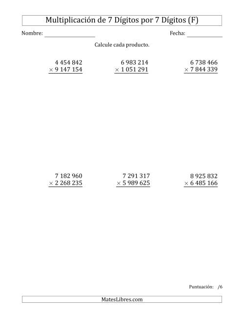 La hoja de ejercicios de Multiplicar Números de 7 Dígitos por 7 Dígitos Usando Espacios como Separadores de Millares (F)