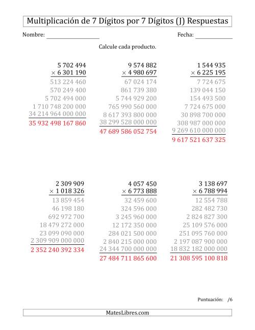 La hoja de ejercicios de Multiplicar Números de 7 Dígitos por 7 Dígitos Usando Espacios como Separadores de Millares (J) Página 2