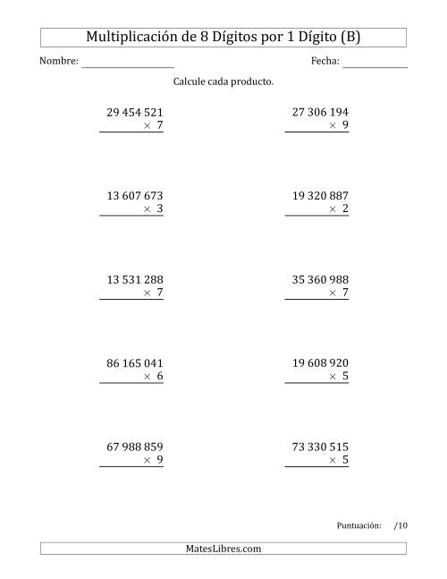La hoja de ejercicios de Multiplicar Números de 8 Dígitos por 1 Dígito Usando Espacios como Separadores de Millares (B)