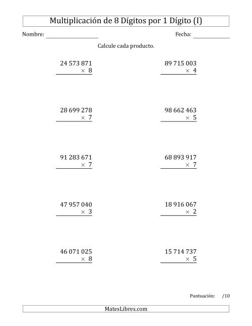 La hoja de ejercicios de Multiplicar Números de 8 Dígitos por 1 Dígito Usando Espacios como Separadores de Millares (I)