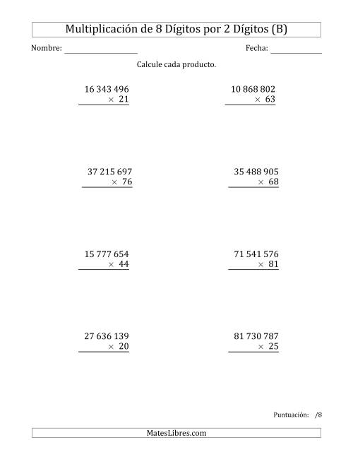 La hoja de ejercicios de Multiplicar Números de 8 Dígitos por 2 Dígitos Usando Espacios como Separadores de Millares (B)