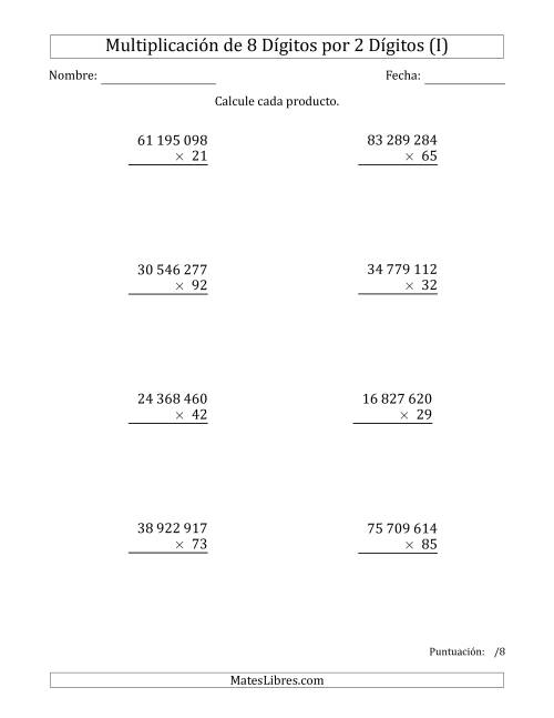 La hoja de ejercicios de Multiplicar Números de 8 Dígitos por 2 Dígitos Usando Espacios como Separadores de Millares (I)