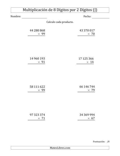 La hoja de ejercicios de Multiplicar Números de 8 Dígitos por 2 Dígitos Usando Espacios como Separadores de Millares (J)