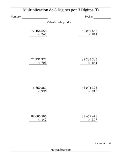 La hoja de ejercicios de Multiplicar Números de 8 Dígitos por 3 Dígitos Usando Espacios como Separadores de Millares (I)