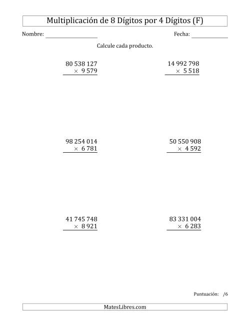 La hoja de ejercicios de Multiplicar Números de 8 Dígitos por 4 Dígitos Usando Espacios como Separadores de Millares (F)