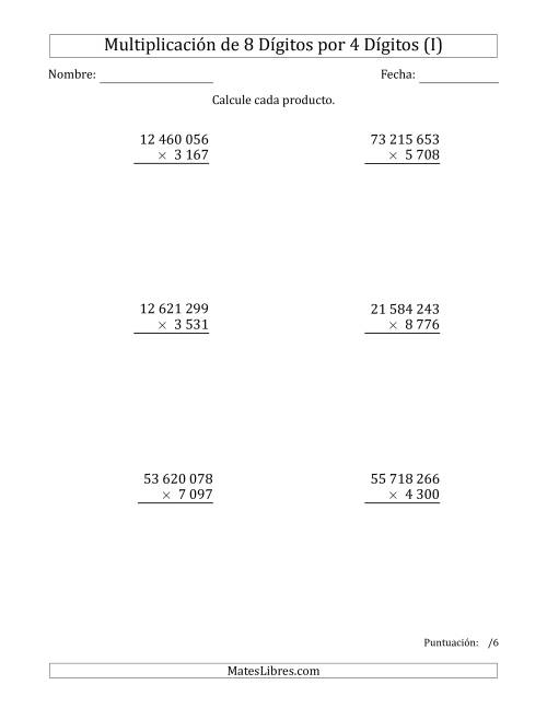 La hoja de ejercicios de Multiplicar Números de 8 Dígitos por 4 Dígitos Usando Espacios como Separadores de Millares (I)
