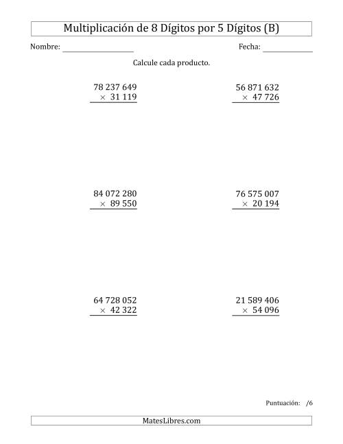 La hoja de ejercicios de Multiplicar Números de 8 Dígitos por 5 Dígitos Usando Espacios como Separadores de Millares (B)