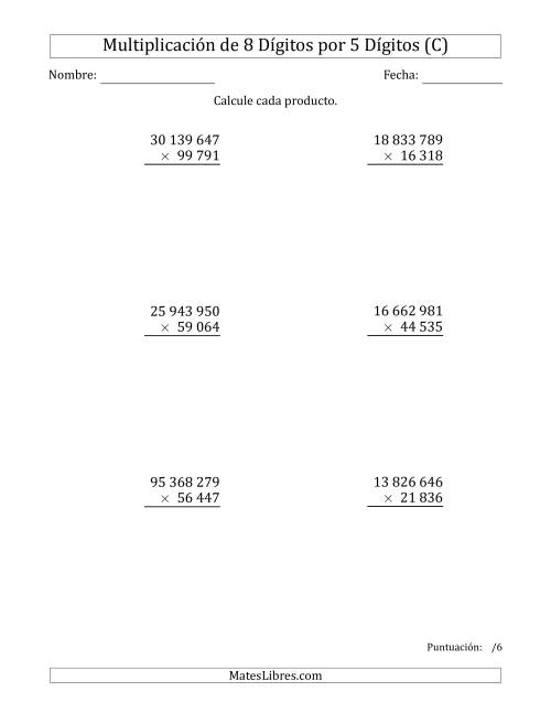 La hoja de ejercicios de Multiplicar Números de 8 Dígitos por 5 Dígitos Usando Espacios como Separadores de Millares (C)