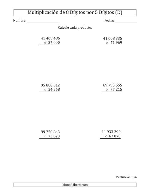 La hoja de ejercicios de Multiplicar Números de 8 Dígitos por 5 Dígitos Usando Espacios como Separadores de Millares (D)