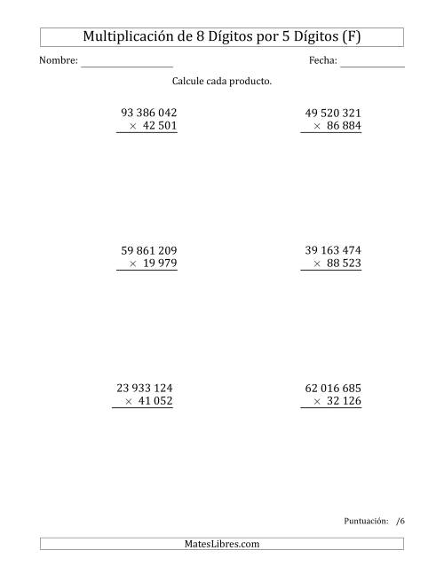 La hoja de ejercicios de Multiplicar Números de 8 Dígitos por 5 Dígitos Usando Espacios como Separadores de Millares (F)