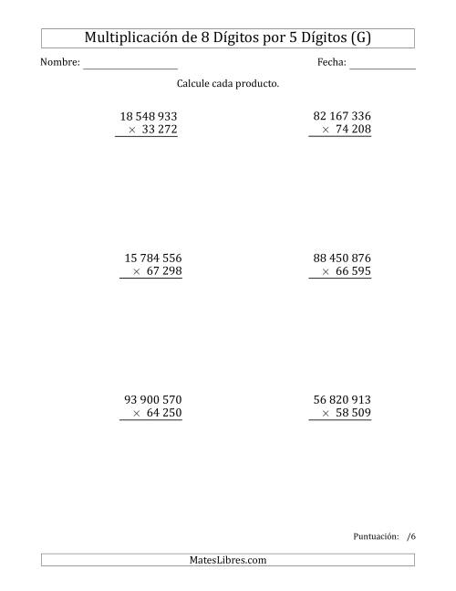 La hoja de ejercicios de Multiplicar Números de 8 Dígitos por 5 Dígitos Usando Espacios como Separadores de Millares (G)