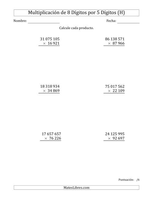 La hoja de ejercicios de Multiplicar Números de 8 Dígitos por 5 Dígitos Usando Espacios como Separadores de Millares (H)