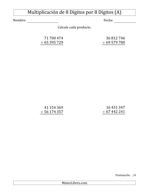 La hoja de ejercicios de Multiplicar Números de 8 Dígitos por 8 Dígitos Usando Espacios como Separadores de Millares (A)