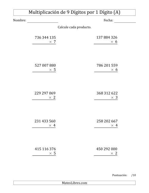 La hoja de ejercicios de Multiplicar Números de 9 Dígitos por 1 Dígito Usando Espacios como Separadores de Millares (A)